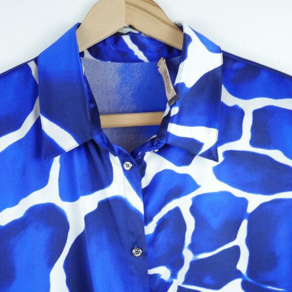 Roberto Cavalli 48 Blouse 100% Silk Blue Print Statement Sleeve Luxury Elegant - Picture 3 of 12